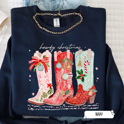 Festive Cowgirl Boots Christmas Sweatshirt | Western Holiday Sweater | Women’s Cozy Crewneck