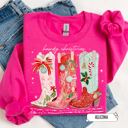 Festive Cowgirl Boots Christmas Sweatshirt | Western Holiday Sweater | Women’s Cozy Crewneck