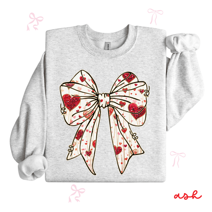 Bow Coquette Valentine Sweatshirt | Feminine Heart Bow Graphic | Cozy Valentine Crewneck for Women
