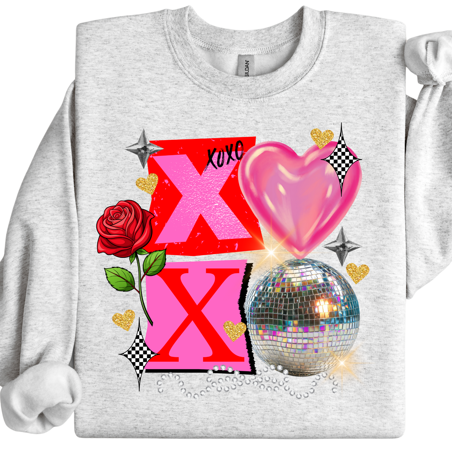 XOXO Disco Valentine Sweatshirt | Sparkly Heart Graphic Crewneck | Fun Valentine’s Day Pullover