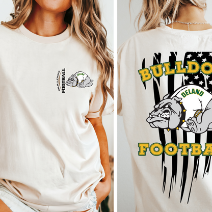 DeLand Bulldogs Unisex Football Logo Spirit Tee - Front & Back Distressed Flag Design