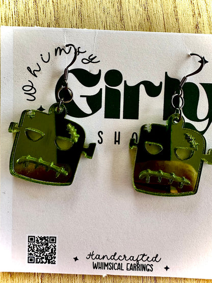 Frankenstein Monster Earrings – Spooky Green Acrylic Earrings – Halloween Dangle Earrings