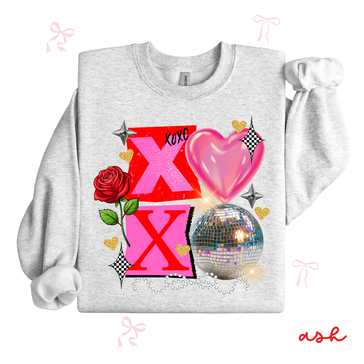 XOXO Disco Valentine Sweatshirt | Sparkly Heart Graphic Crewneck | Fun Valentine’s Day Pullover