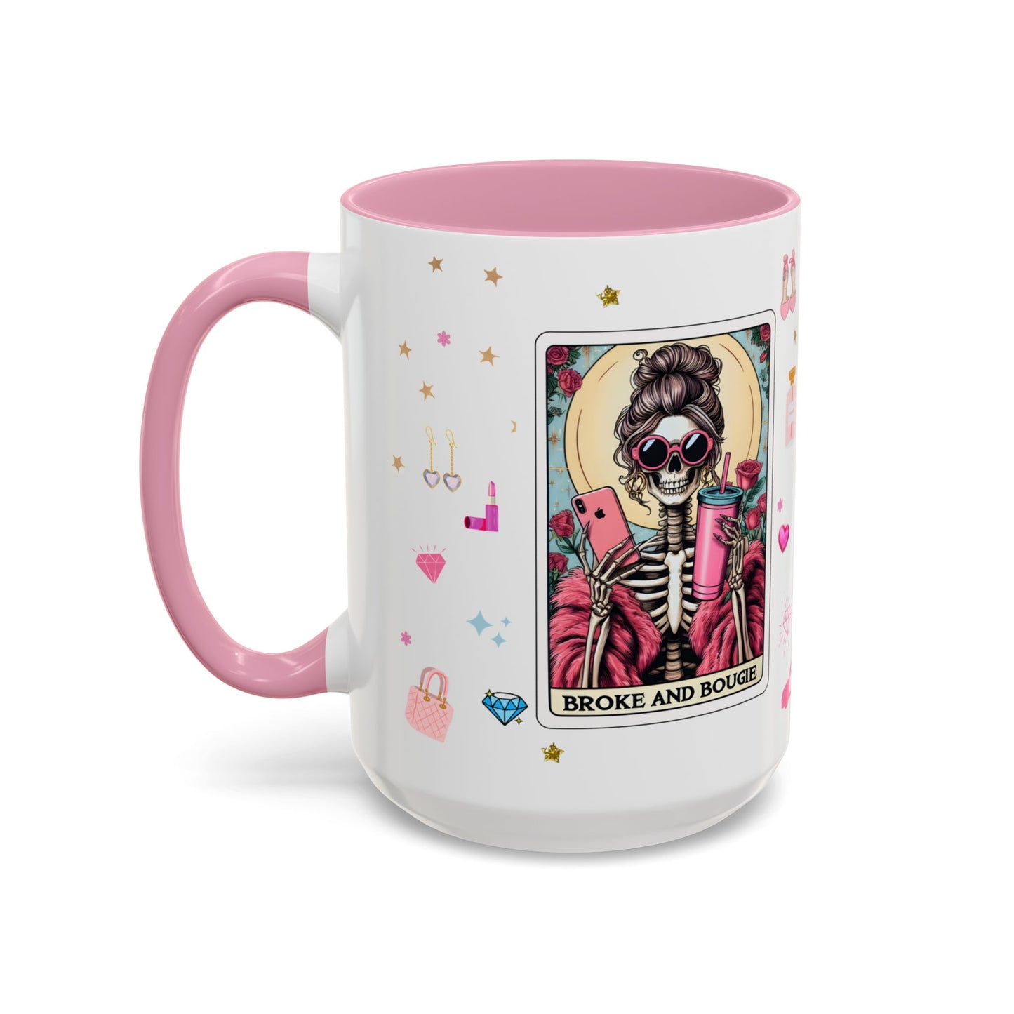 White mug with pink interior and handle, featuring a graphic design of a skeleton holding a phone with 'Broke and Bougie' text.