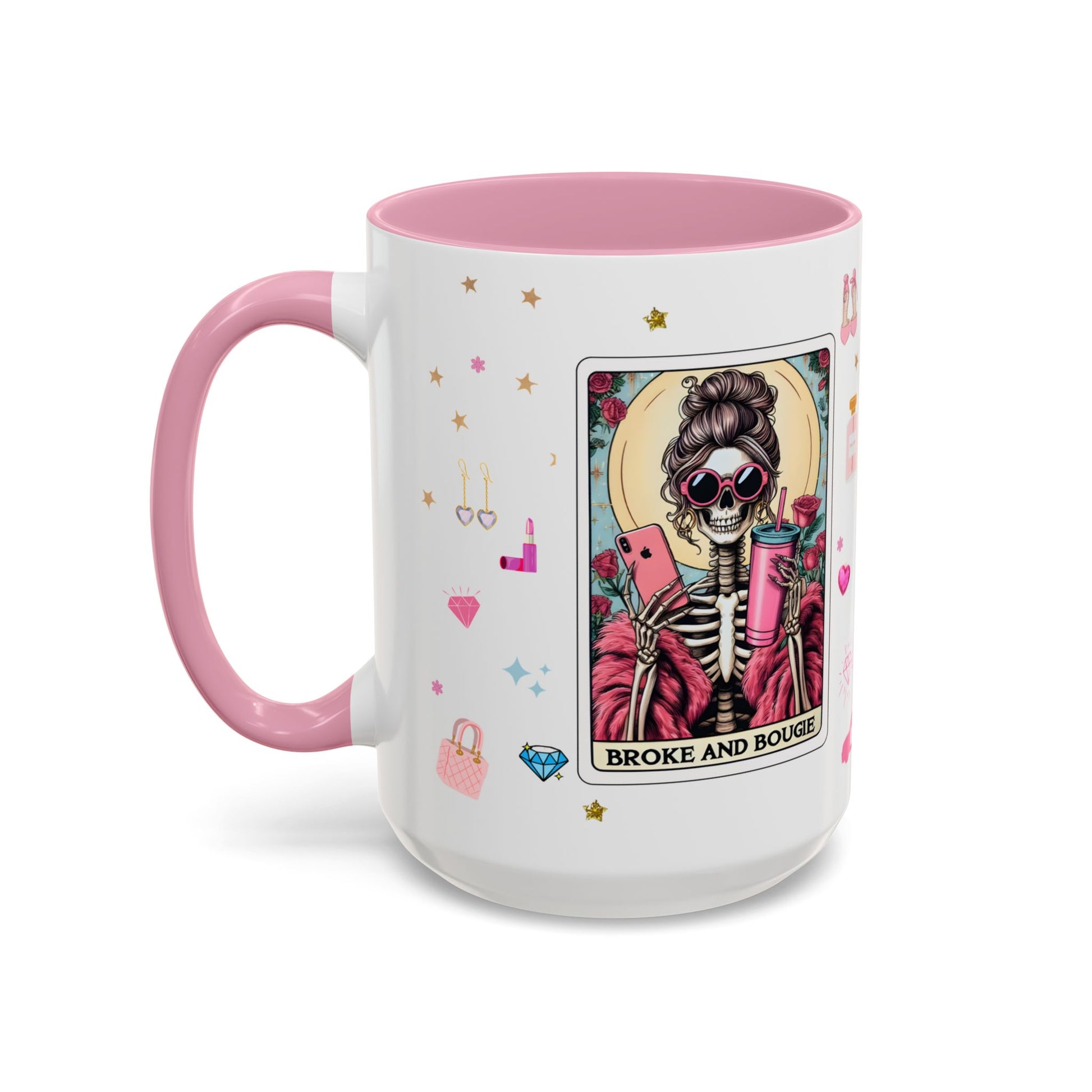 White mug with pink interior and handle, featuring a graphic design of a skeleton holding a phone with 'Broke and Bougie' text.
