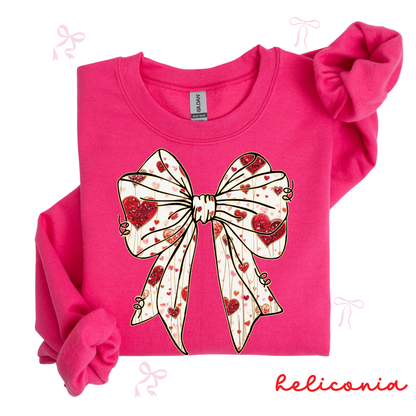Bow Coquette Valentine Sweatshirt | Feminine Heart Bow Graphic | Cozy Valentine Crewneck for Women