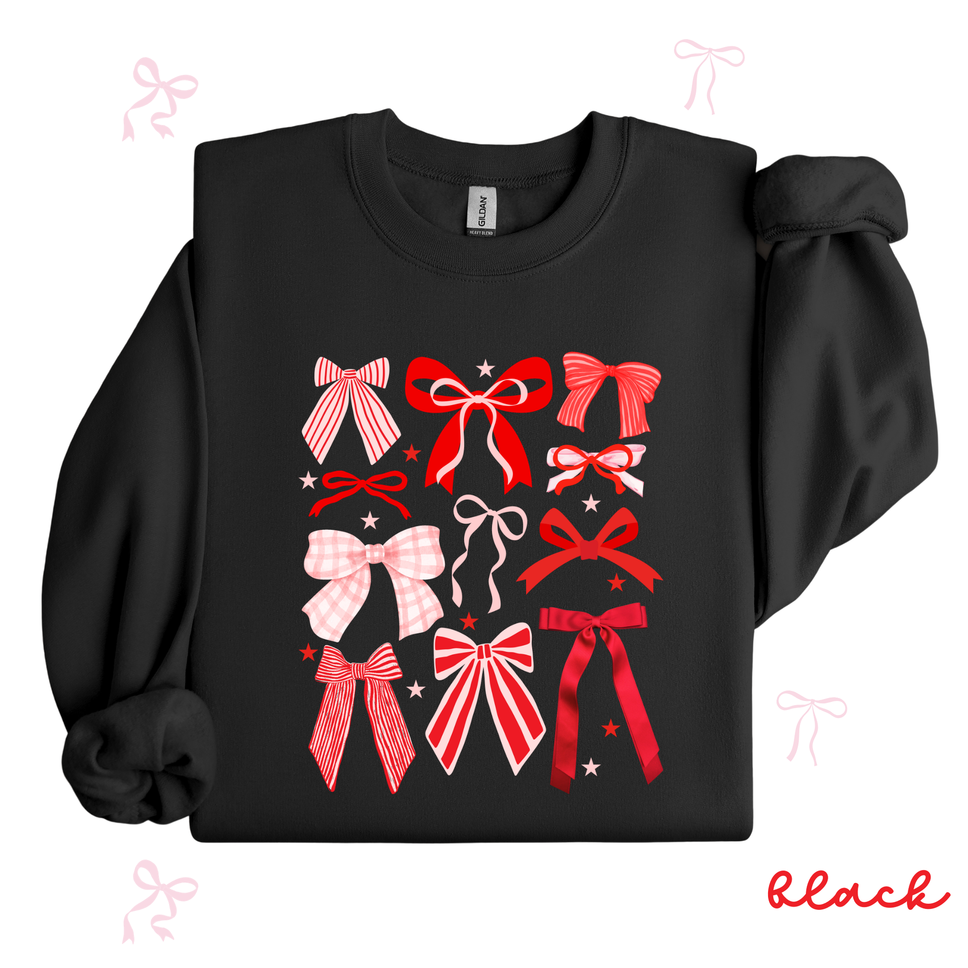 Black sweatshirt with red and pink bow designs on a white background