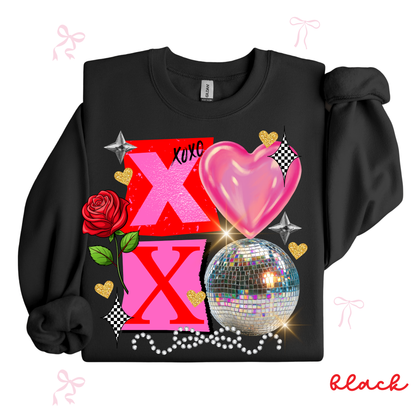 XOXO Disco Valentine Sweatshirt | Sparkly Heart Graphic Crewneck | Fun Valentine’s Day Pullover