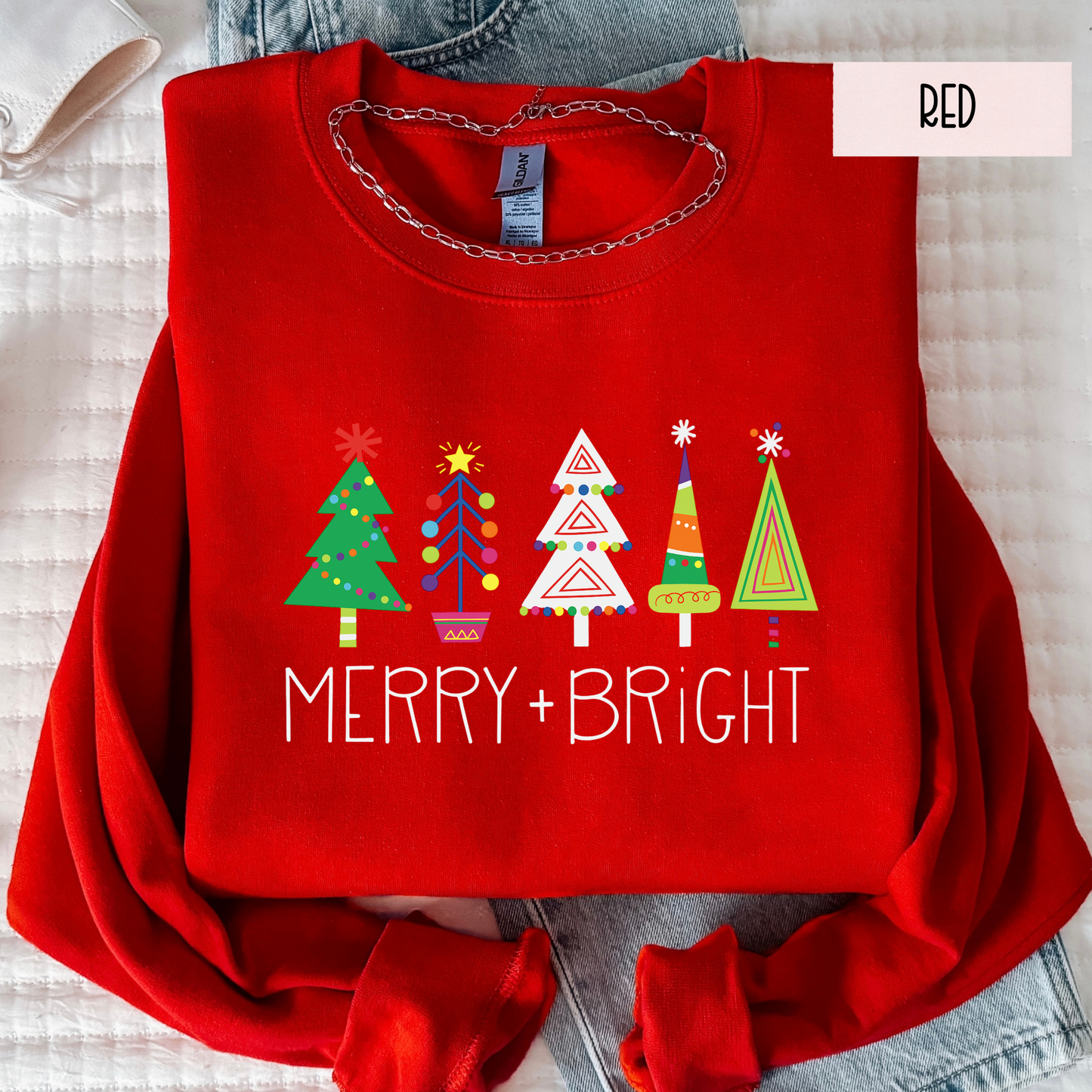 Merry & Bright Christmas Trees Sweatshirt | Colorful Holiday Crewneck | Cute Festive Winter Top
