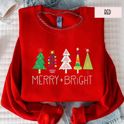 Merry & Bright Christmas Trees Sweatshirt | Colorful Holiday Crewneck | Cute Festive Winter Top