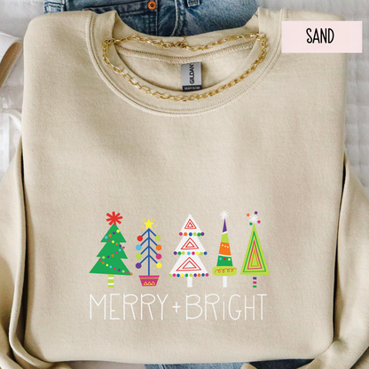 Merry & Bright Christmas Trees Sweatshirt | Colorful Holiday Crewneck | Cute Festive Winter Top