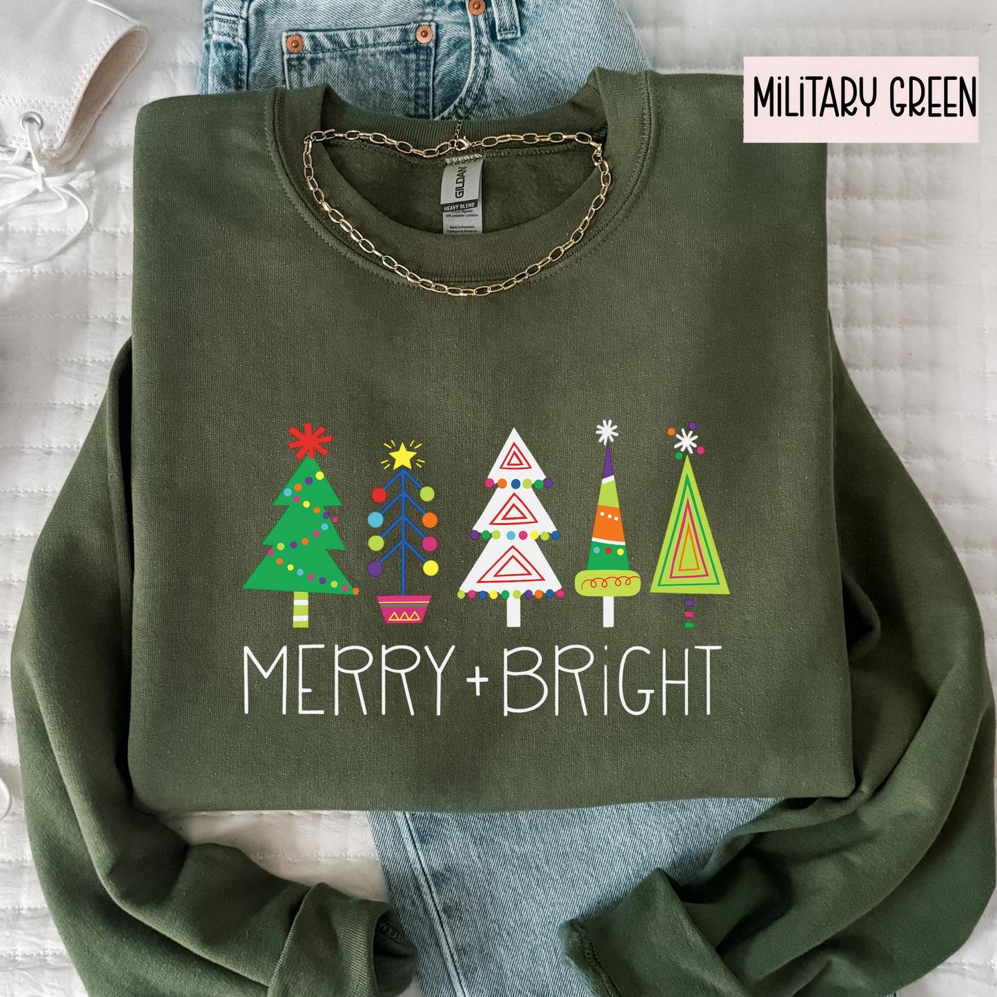 Merry & Bright Christmas Trees Sweatshirt | Colorful Holiday Crewneck | Cute Festive Winter Top