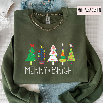 Merry & Bright Christmas Trees Sweatshirt | Colorful Holiday Crewneck | Cute Festive Winter Top