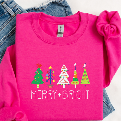 Merry & Bright Christmas Trees Sweatshirt | Colorful Holiday Crewneck | Cute Festive Winter Top