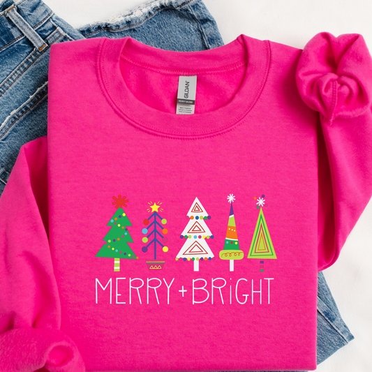 Merry & Bright Christmas Trees Sweatshirt | Colorful Holiday Crewneck | Cute Festive Winter Top
