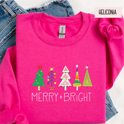 Merry & Bright Christmas Trees Sweatshirt | Colorful Holiday Crewneck | Cute Festive Winter Top