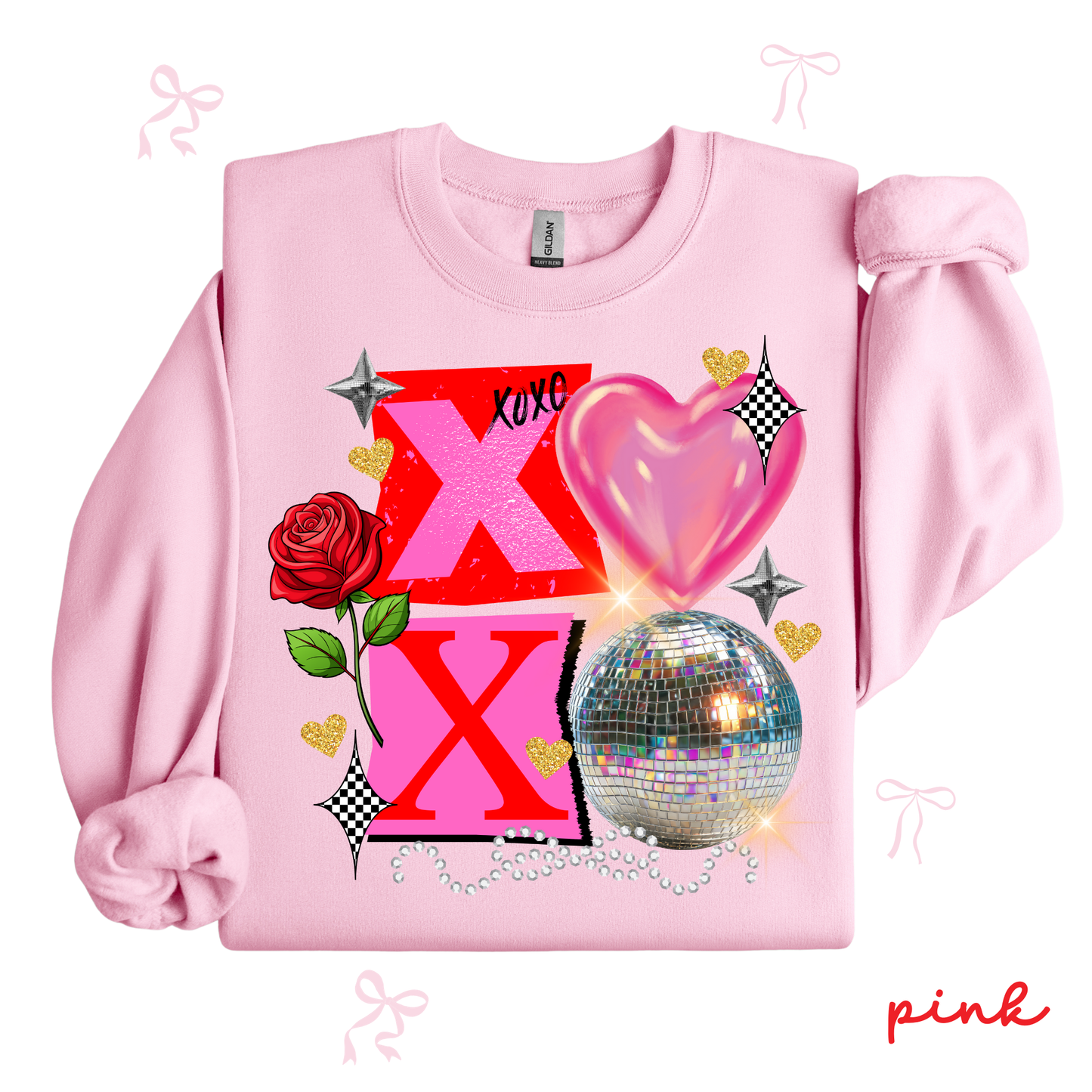 XOXO Disco Valentine Sweatshirt | Sparkly Heart Graphic Crewneck | Fun Valentine’s Day Pullover