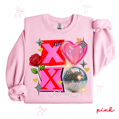 XOXO Disco Valentine Sweatshirt | Sparkly Heart Graphic Crewneck | Fun Valentine’s Day Pullover