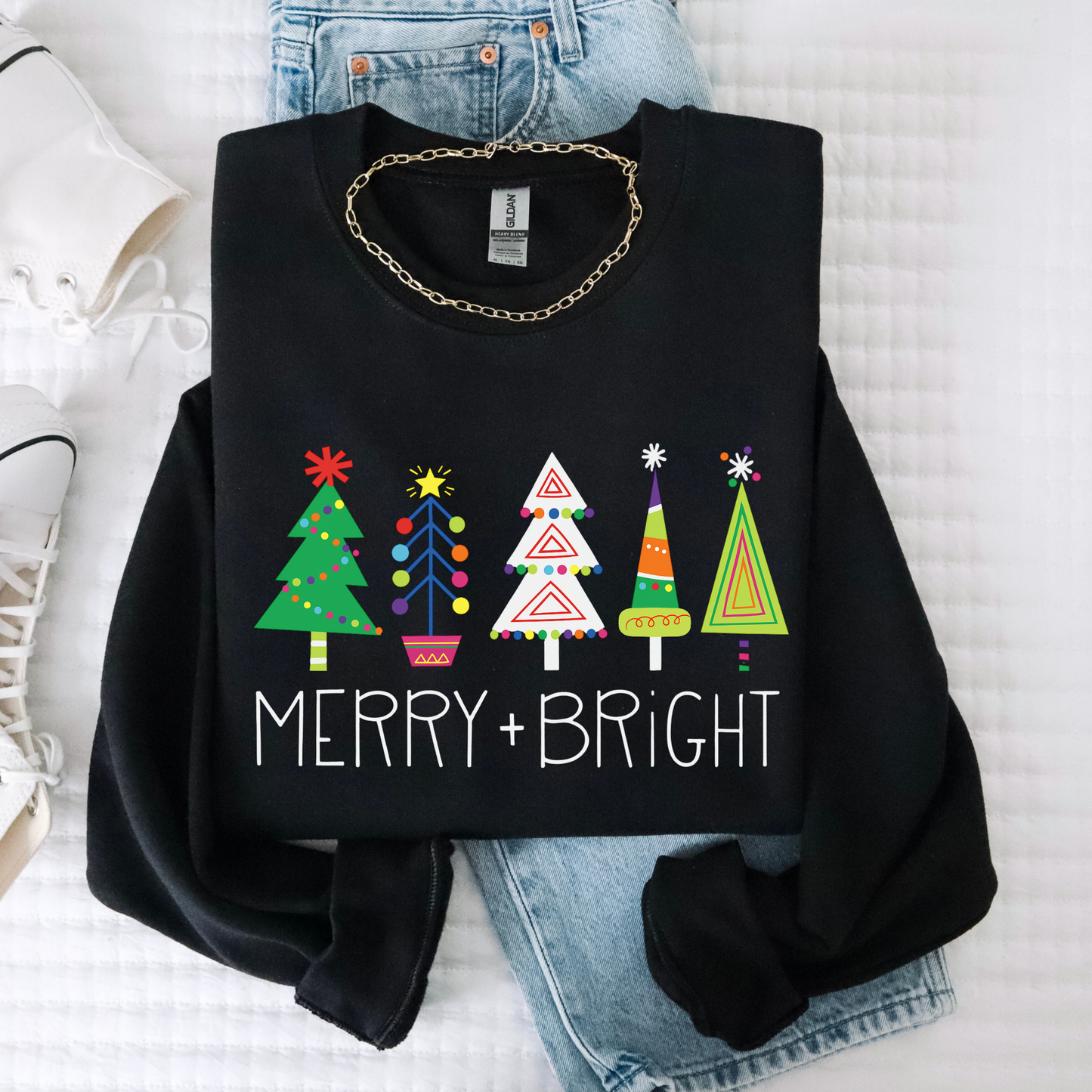 Merry & Bright Christmas Trees Sweatshirt | Colorful Holiday Crewneck | Cute Festive Winter Top