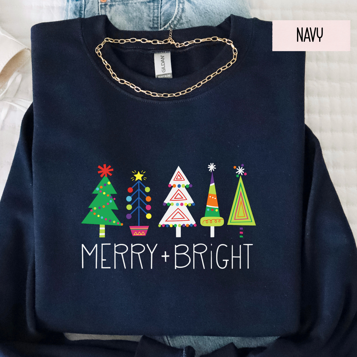 Merry & Bright Christmas Trees Sweatshirt | Colorful Holiday Crewneck | Cute Festive Winter Top