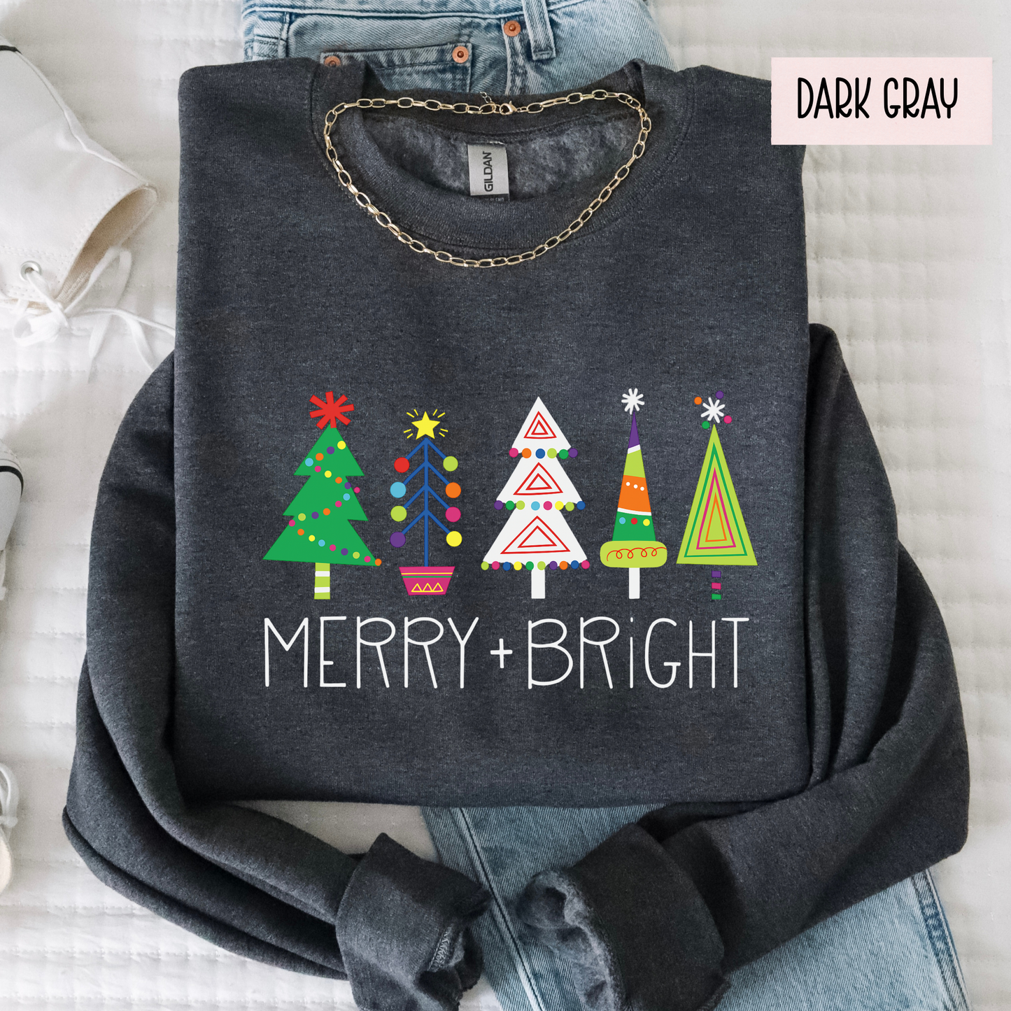 Merry & Bright Christmas Trees Sweatshirt | Colorful Holiday Crewneck | Cute Festive Winter Top