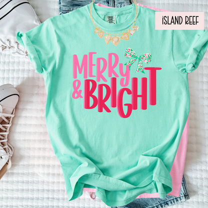 Merry & Bright Cozy Christmas T-Shirt  – Preppy Cute Holiday Graphic Shirt