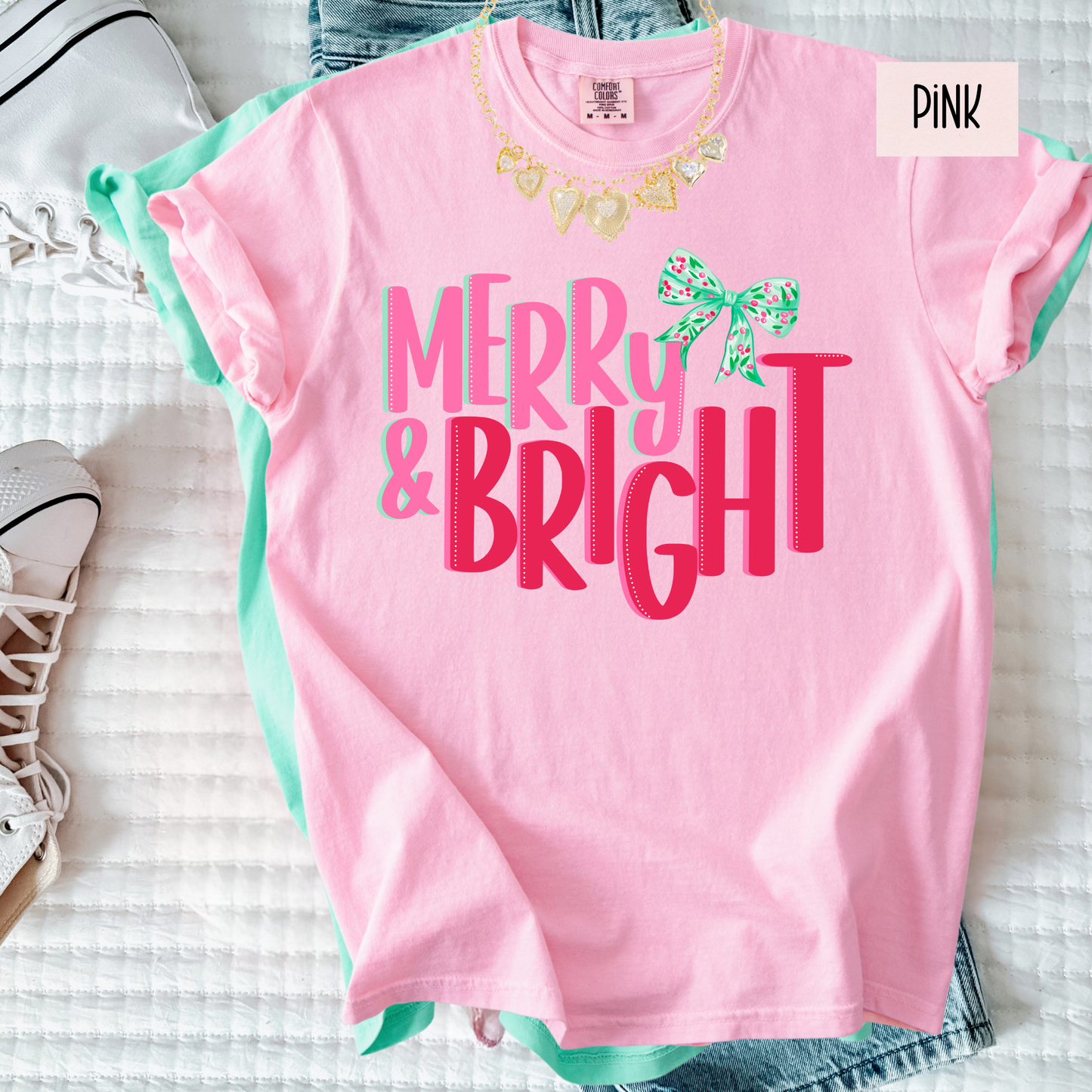 Merry & Bright Cozy Christmas T-Shirt  – Preppy Cute Holiday Graphic Shirt