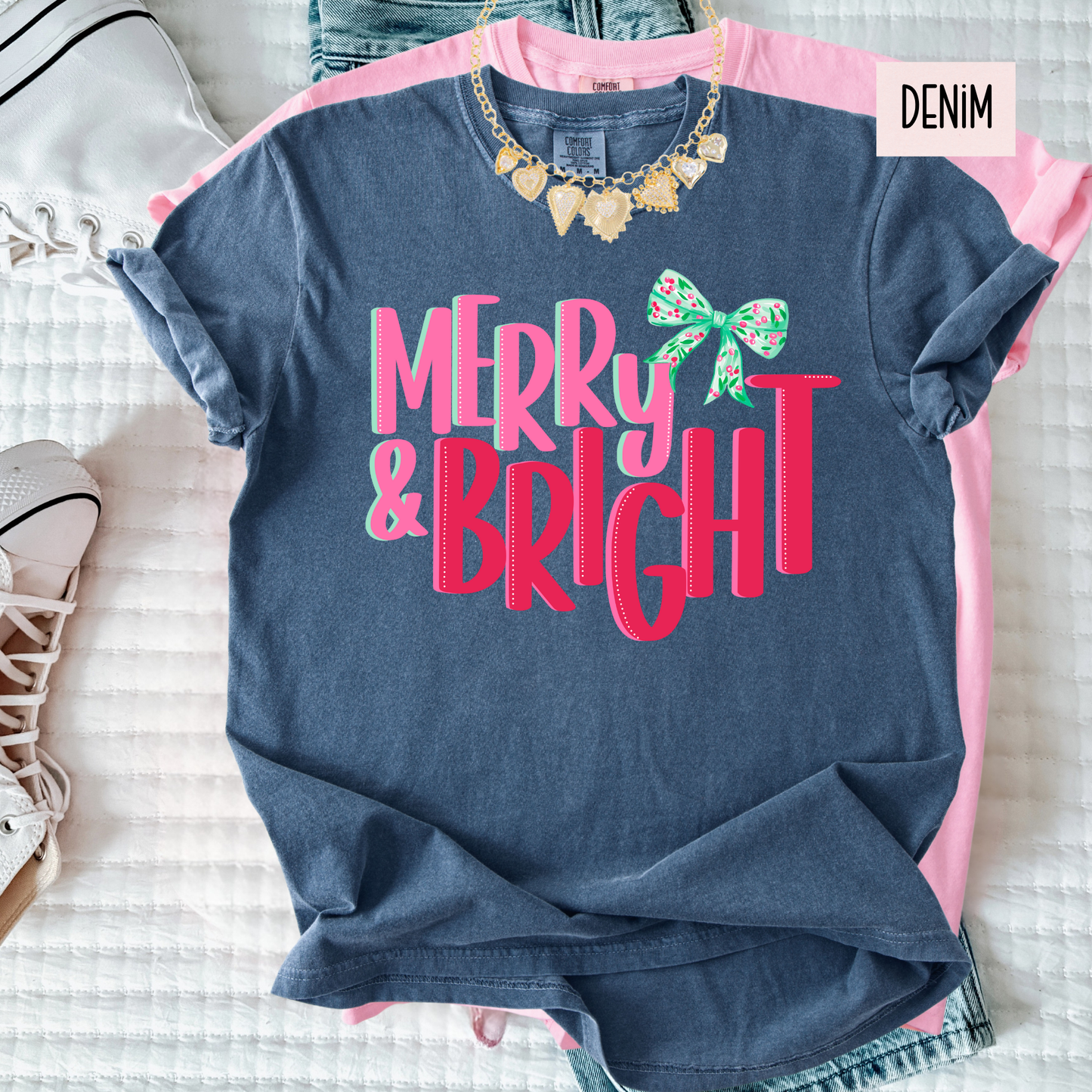 Merry & Bright Cozy Christmas T-Shirt  – Preppy Cute Holiday Graphic Shirt