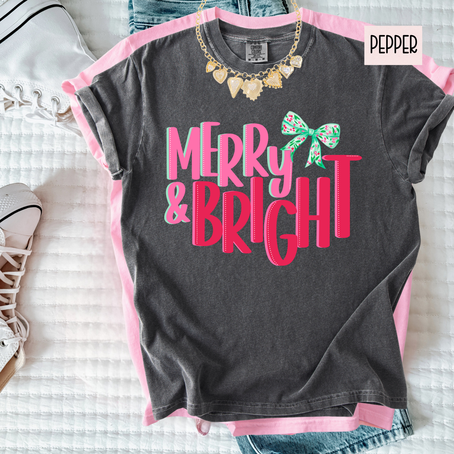 Merry & Bright Cozy Christmas T-Shirt  – Preppy Cute Holiday Graphic Shirt