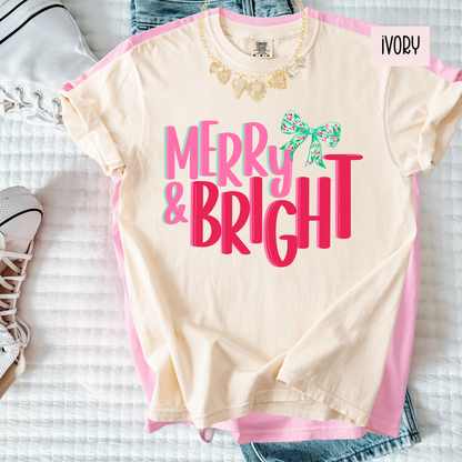 Merry & Bright Cozy Christmas T-Shirt  – Preppy Cute Holiday Graphic Shirt