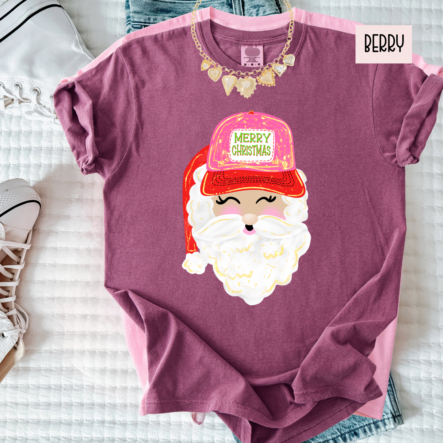 Vintage Brushstroke Santa Christmas T-Shirt | Preppy Girly Holiday Graphic Tee