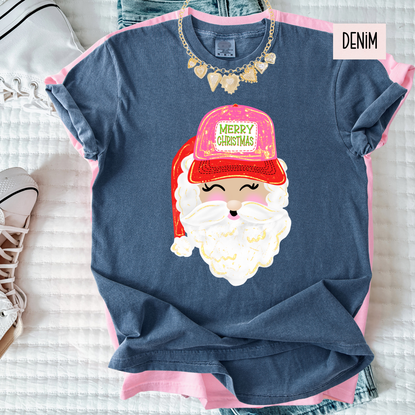 Vintage Brushstroke Santa Christmas T-Shirt | Preppy Girly Holiday Graphic Tee