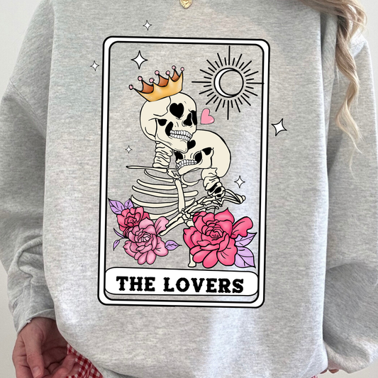 Gray sweatshirt with a skeleton couple and 'The Lovers' tarot card design.