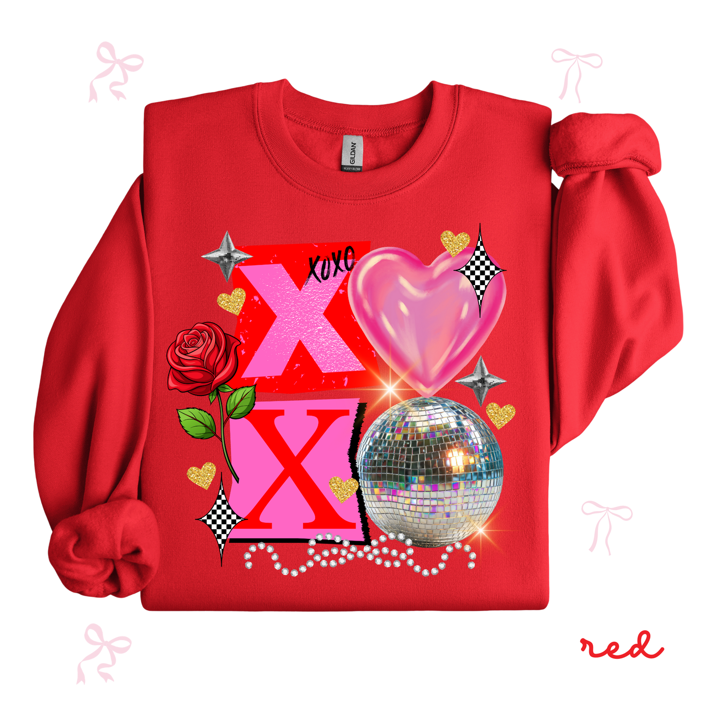 XOXO Disco Valentine Sweatshirt | Sparkly Heart Graphic Crewneck | Fun Valentine’s Day Pullover