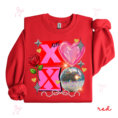 XOXO Disco Valentine Sweatshirt | Sparkly Heart Graphic Crewneck | Fun Valentine’s Day Pullover