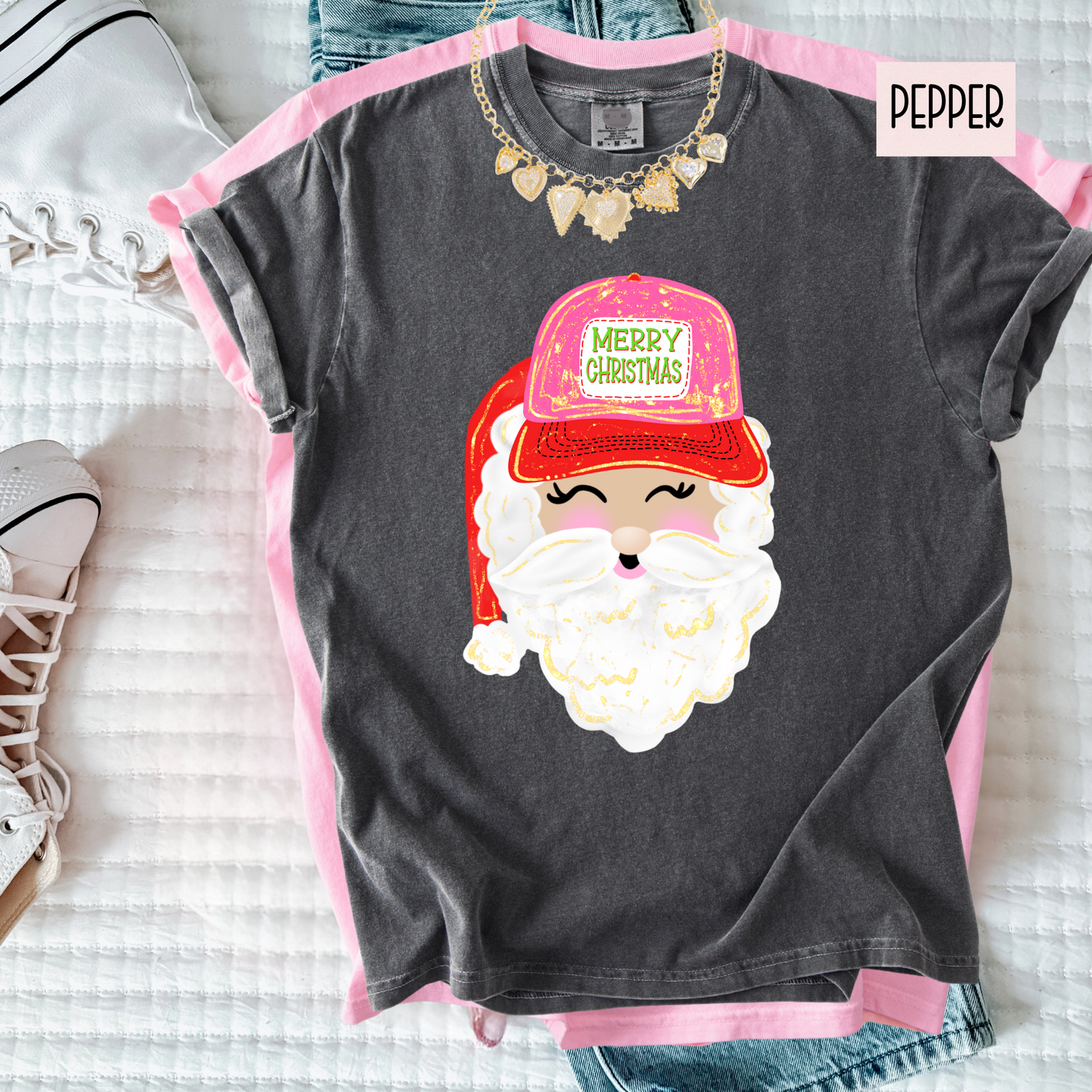 Vintage Brushstroke Santa Christmas T-Shirt | Preppy Girly Holiday Graphic Tee