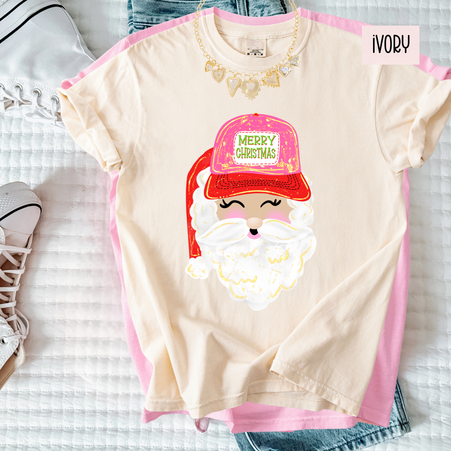 Vintage Brushstroke Santa Christmas T-Shirt | Preppy Girly Holiday Graphic Tee