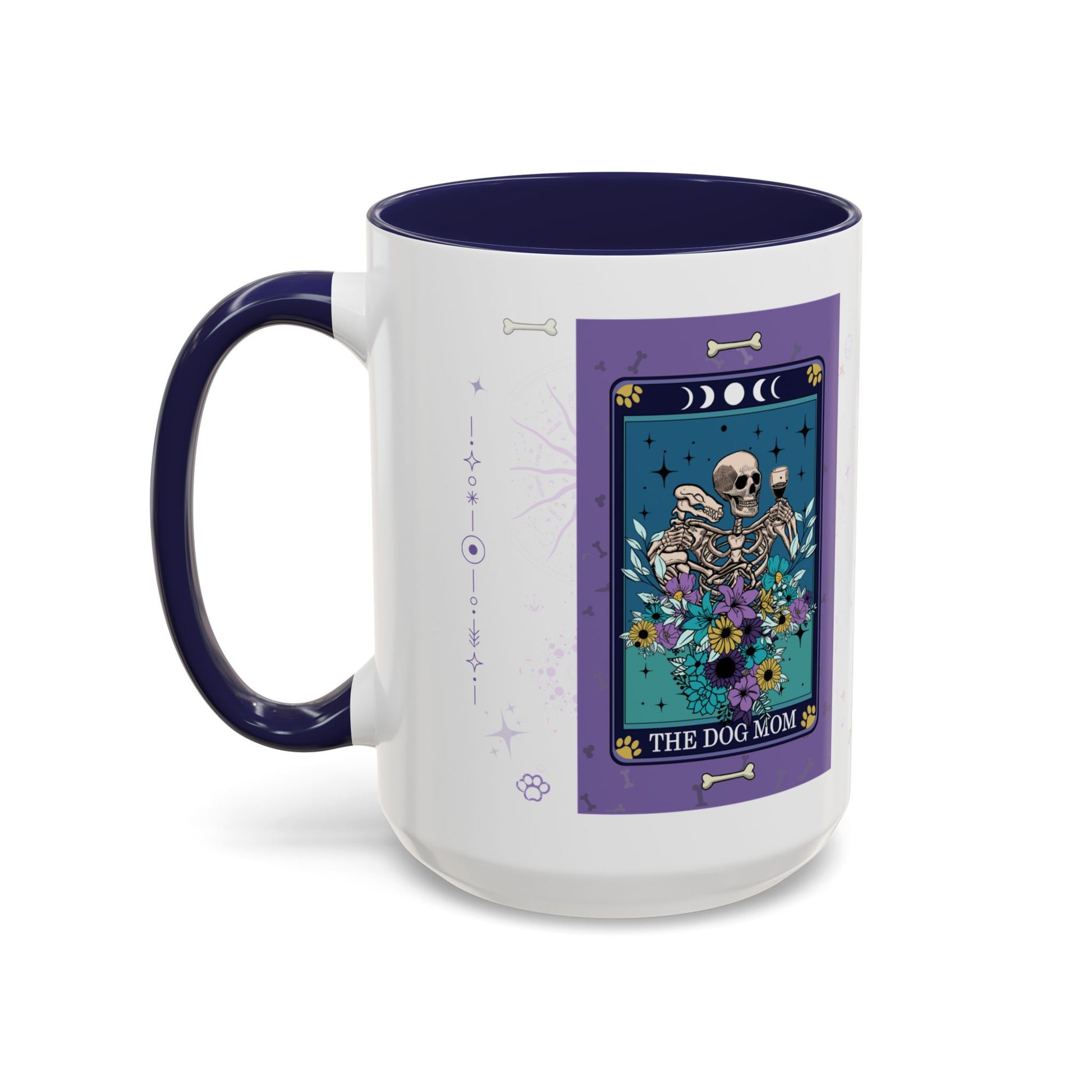 Mug with a skeleton and floral design on a purple background, labeled 'The Dog Mom'.