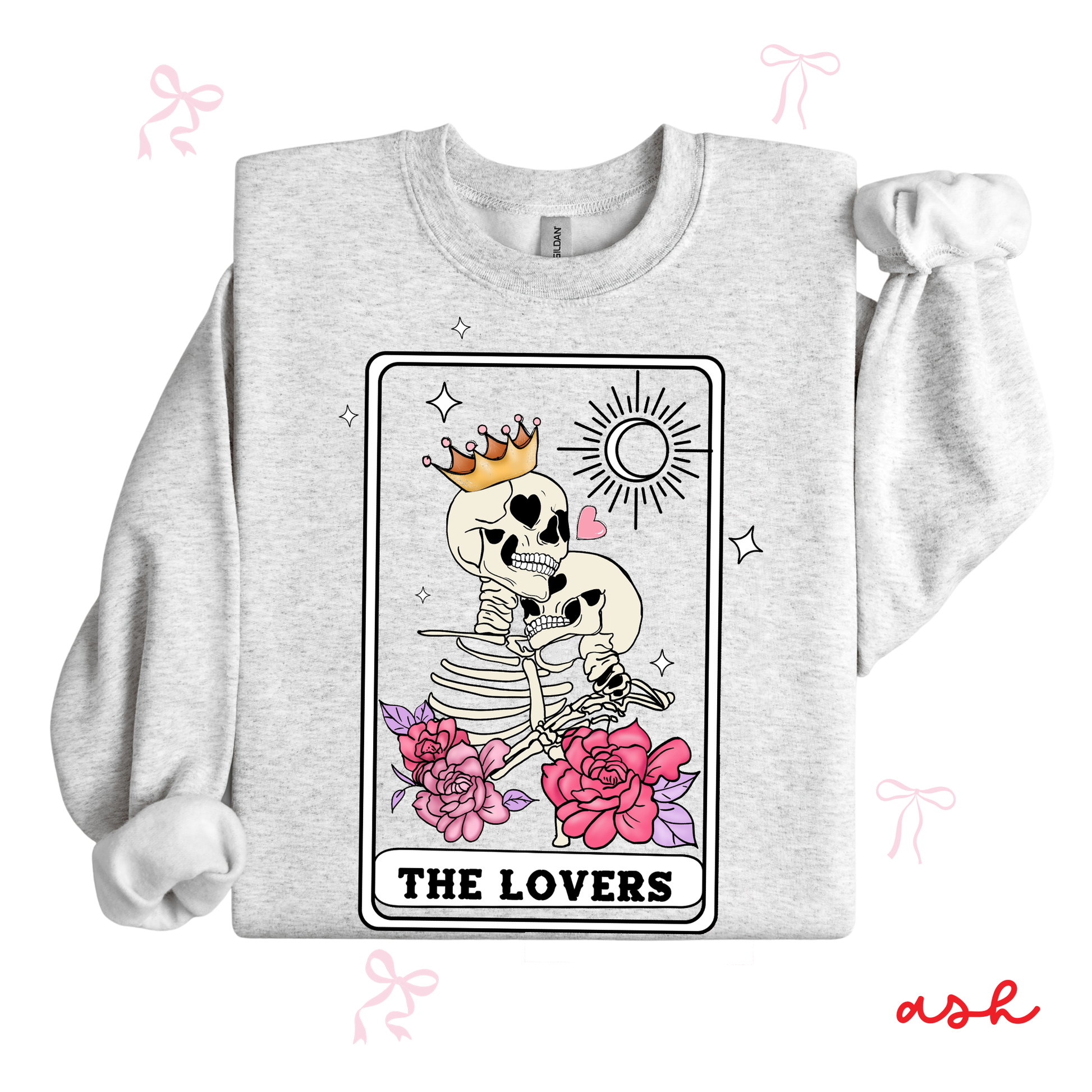 Gray sweatshirt with 'The Lovers' tarot card design featuring a skeleton couple and roses on a white background.