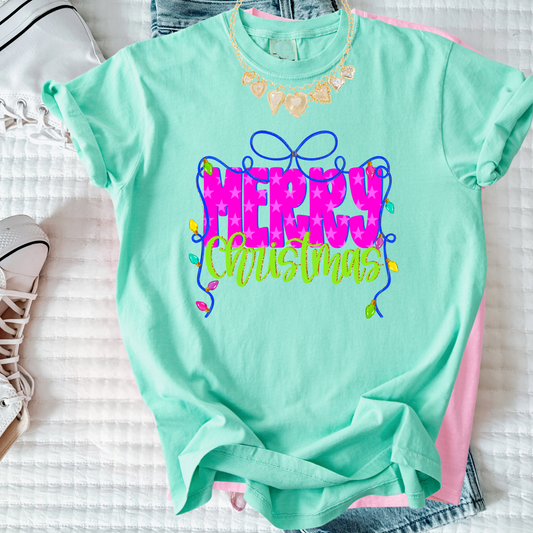 Merry Bow Christmas Tee | Colorful Girly Holiday Shirt | Bright Festive Bow Christmas Top