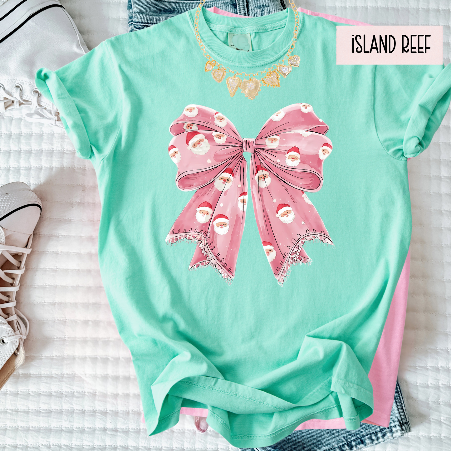 Sweet Holiday Bow Christmas Tee | Girly Festive Ribbon Shirt | Cute Doodle Santa Bow Top for Women