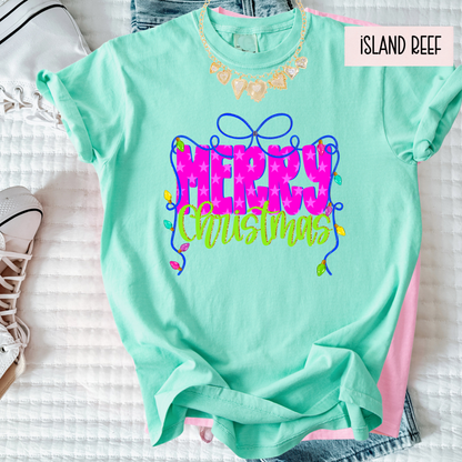 Merry Bow Christmas Tee | Colorful Girly Holiday Shirt | Bright Festive Bow Christmas Top