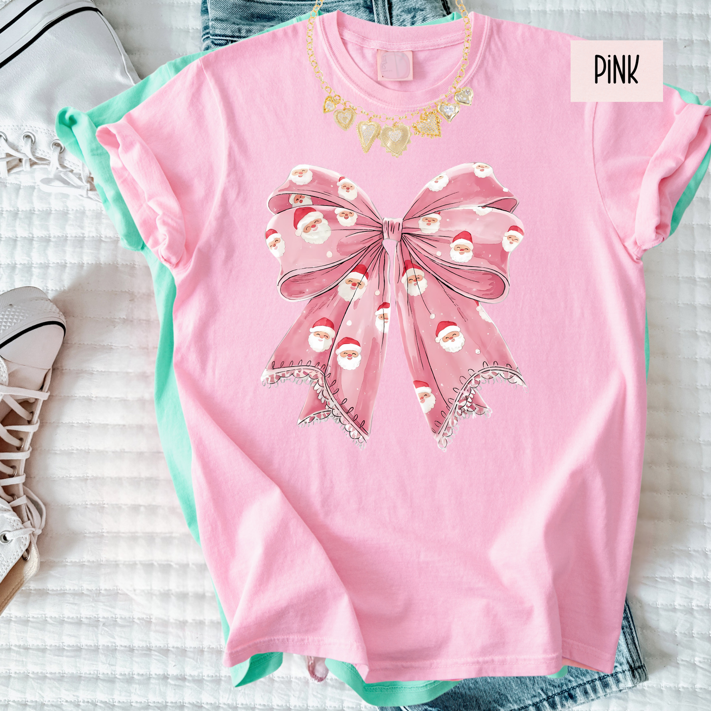 Sweet Holiday Bow Christmas Tee | Girly Festive Ribbon Shirt | Cute Doodle Santa Bow Top for Women