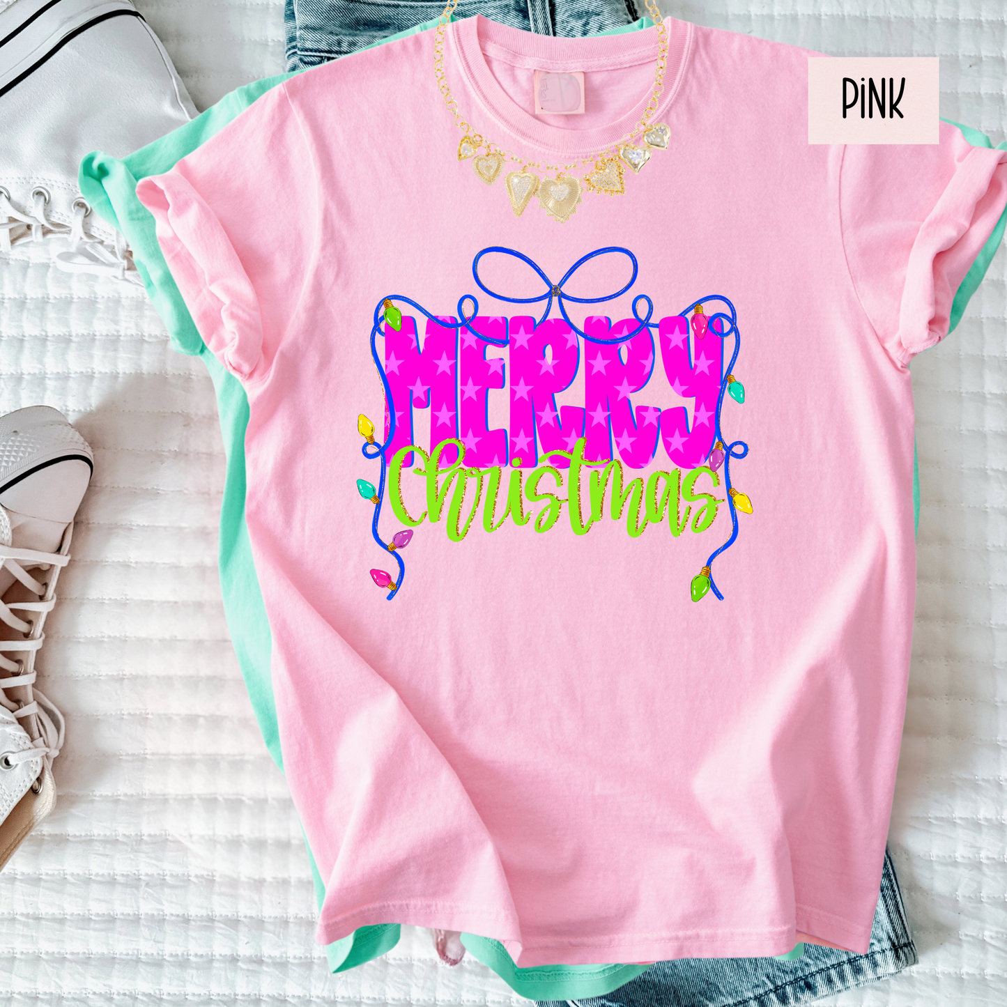 Merry Bow Christmas Tee | Colorful Girly Holiday Shirt | Bright Festive Bow Christmas Top