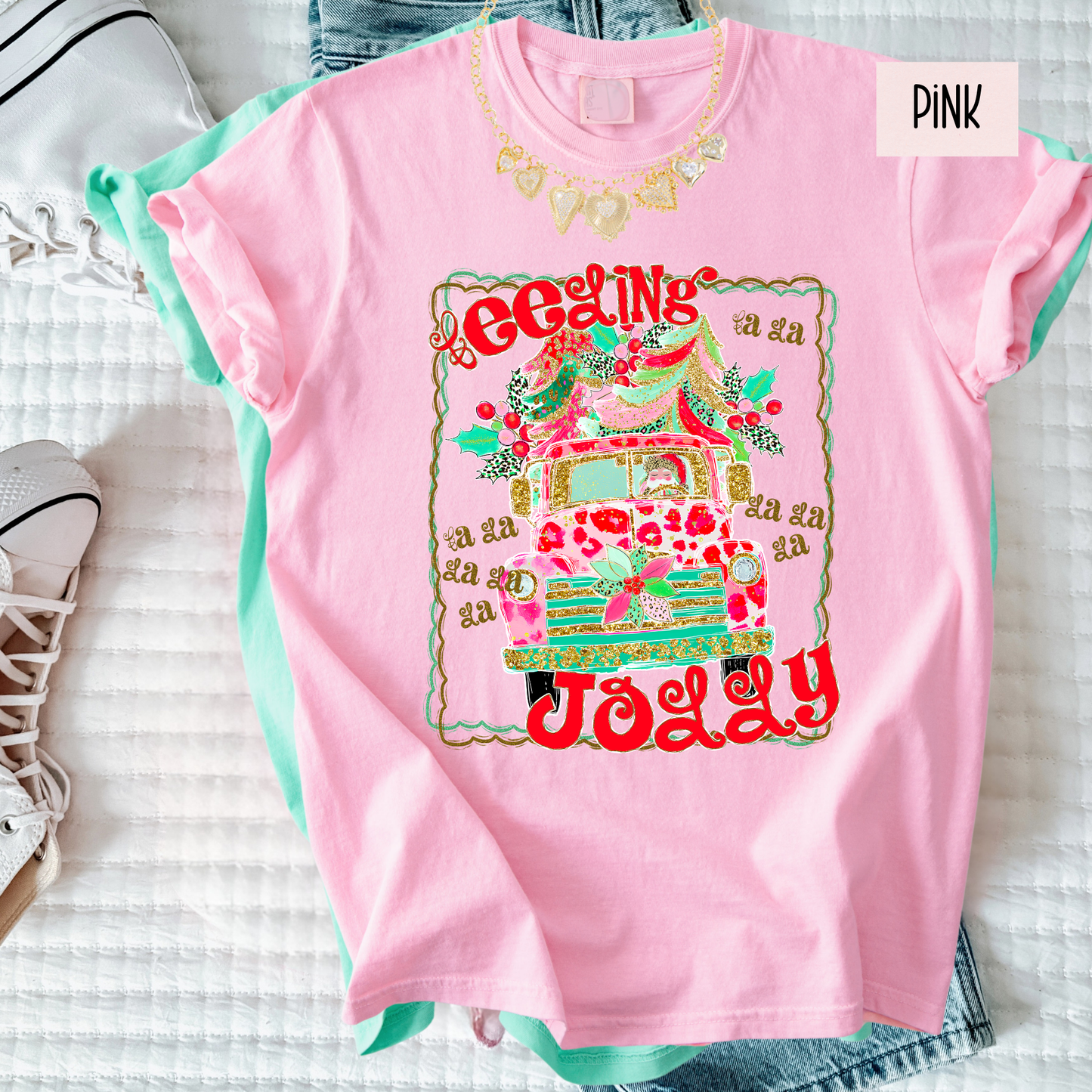 Feeling Jolly Christmas Tee | Cute Girly Holiday Shirt | Bright Retro Santa Christmas Top