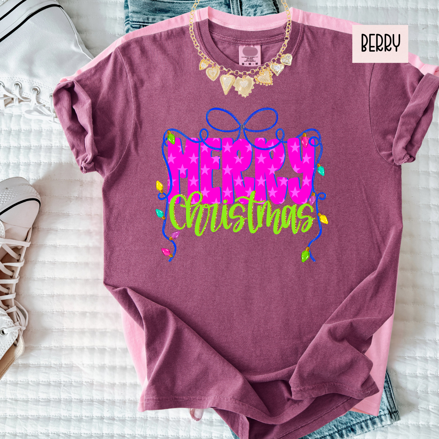 Merry Bow Christmas Tee | Colorful Girly Holiday Shirt | Bright Festive Bow Christmas Top