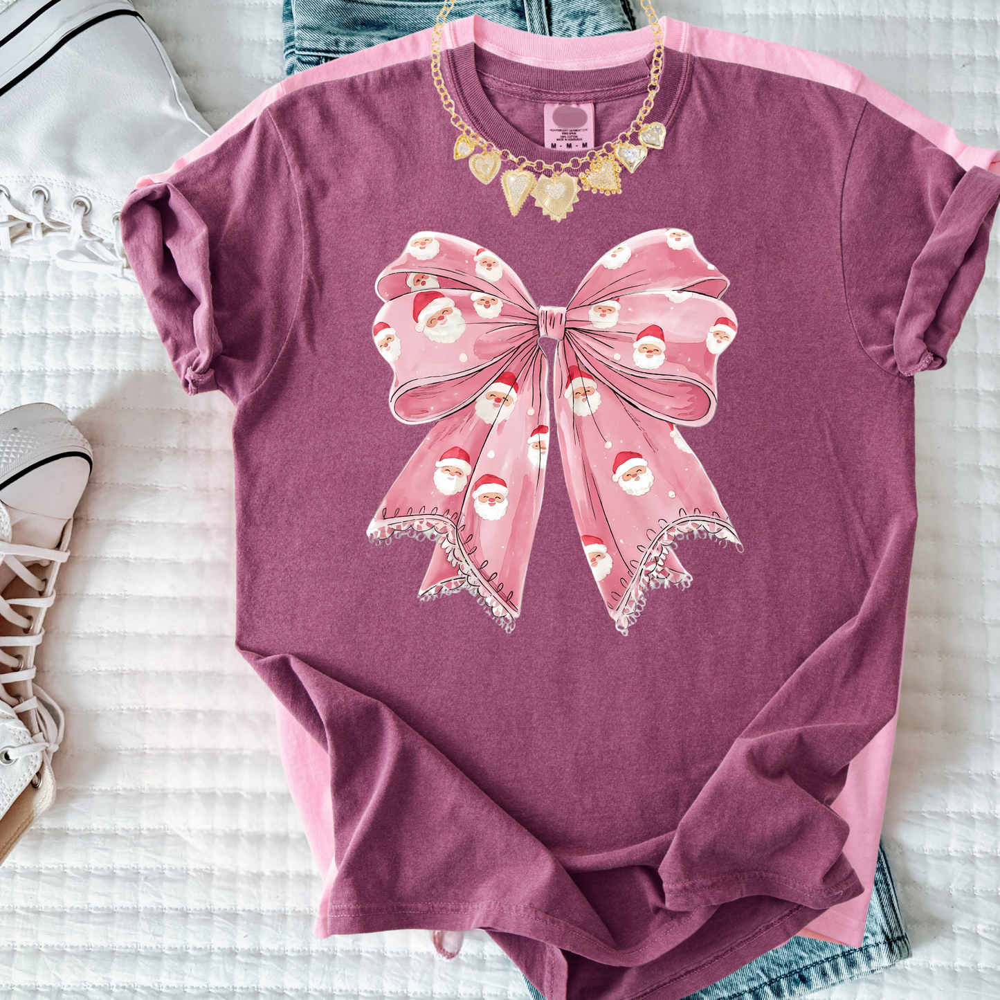 Sweet Holiday Bow Christmas Tee | Girly Festive Ribbon Shirt | Cute Doodle Santa Bow Top for Women