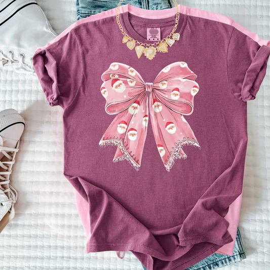 Sweet Holiday Bow Christmas Tee | Girly Festive Ribbon Shirt | Cute Doodle Santa Bow Top for Women