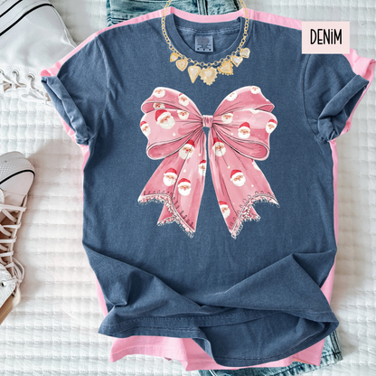 Sweet Holiday Bow Christmas Tee | Girly Festive Ribbon Shirt | Cute Doodle Santa Bow Top for Women