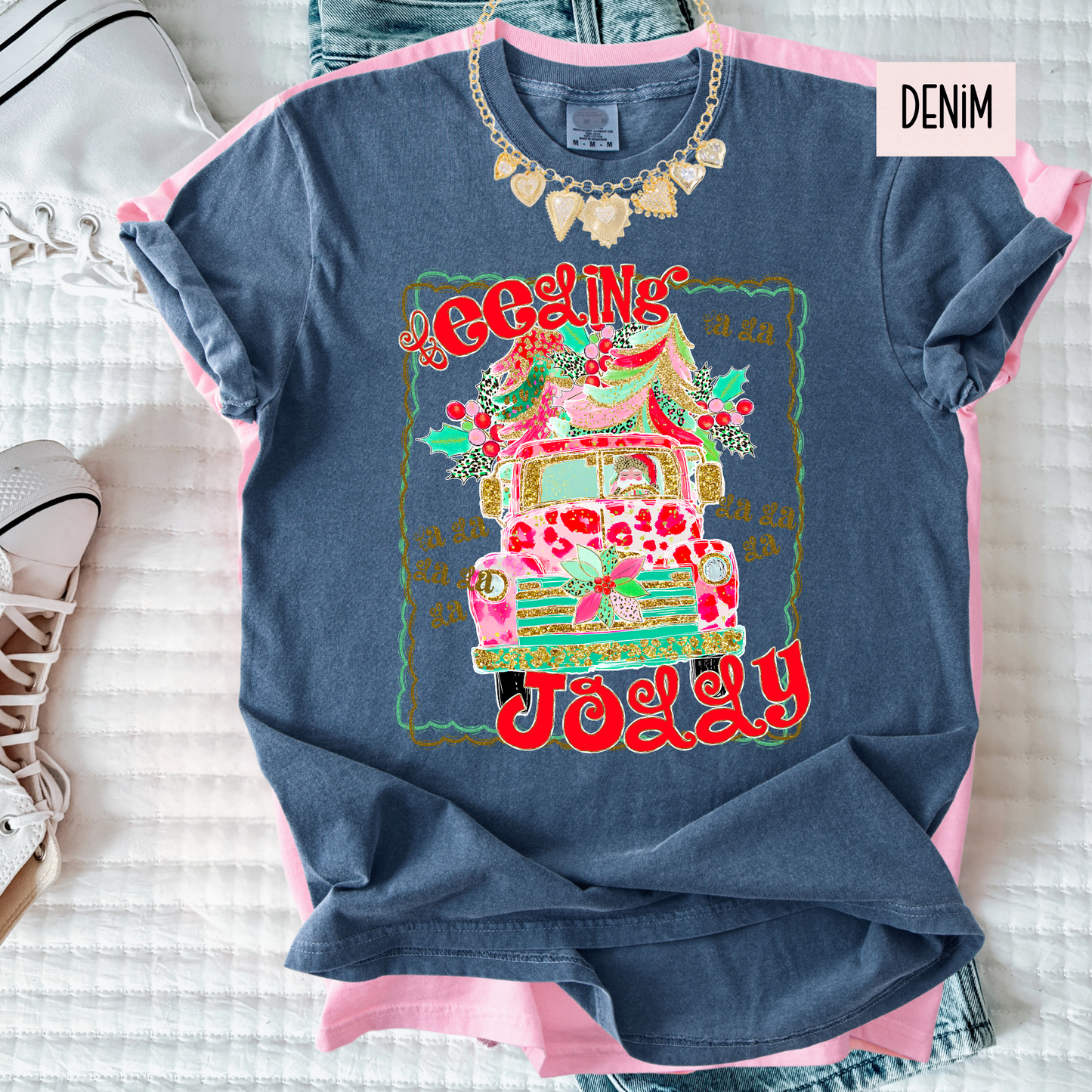 Feeling Jolly Christmas Tee | Cute Girly Holiday Shirt | Bright Retro Santa Christmas Top